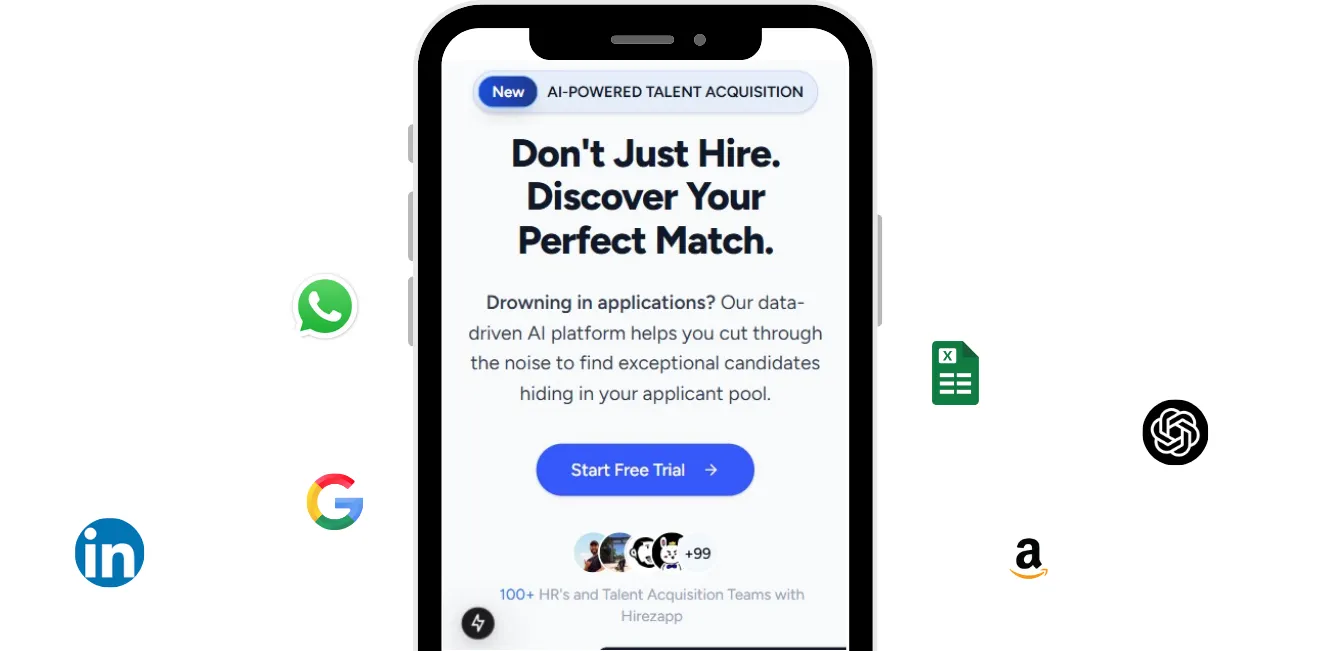 HireZapp platform showing integrations with Google Calendar, LinkedIn, OpenAI, Google Sheets, and WhatsApp